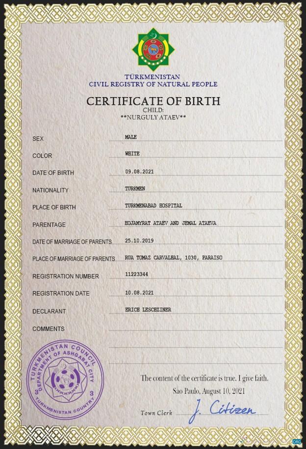 Download Turkmenistan vital record birth certificate PSD template Photoshop template